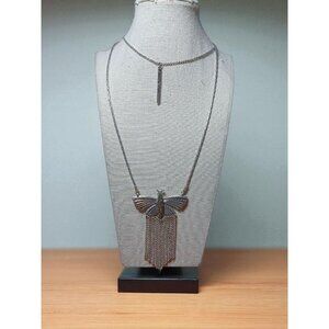 Lucky Brand Long Double Strand Necklace Butterfly w/ Black Rhinestone Chips 30"